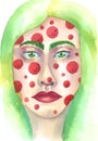 Stylized girl in sketch-style, watercolor illustration, green hair and red spots, cartoon character portrait