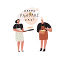 Stylized girls make pancakes. Hand drawn people and text: happy pancake day. Vector template