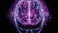A stylized, glowing human brain within a wireframe head against a dark background Royalty Free Stock Photo