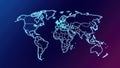 Stylized glowing world map with connected network lines on dark background representing global Royalty Free Stock Photo