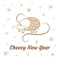 Stylized gold mouse from the elements of ornament. Snowflakes and inscription Cheesy New Year.