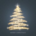 Stylized gold Merry Christmas tree silhouette from shiny circle particles on black transparent background. Vector golden Royalty Free Stock Photo