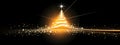 stylized golden Christmas tree with a radiant star on top, set against a dark background filled with sparkling lights