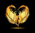 Stylized golden heart shape made by bird feather silhouette