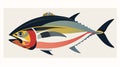 Stylized graphic illustration of a colorful tuna fish in a modernist art style