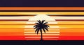 A stylized graphic of a sunset featuring a silhouetted palm tree centered against a Royalty Free Stock Photo