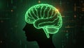 Stylized green brain composed of binary code inside human head silhouette. Artificial intelligence innovation. Neural network Royalty Free Stock Photo