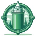 Stylized green lighthouse and pine forest in a round nautical frame Royalty Free Stock Photo
