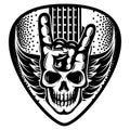 Stylized guitar plectrum. White background with guitar, skull, wings and hand gesture. Vector monochrome illustration