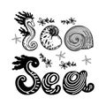 Stylized hand-drawn inscription of the sea. A pictograph of sea creatures, hand-drawn in sketch style. A rebus, a riddle Royalty Free Stock Photo