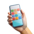 Stylized hand holding modern smartphone displaying colorful application icons Royalty Free Stock Photo