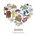 Stylized heart with hand drawn symbols of Russia