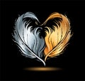 Stylized heart shape made by golden and silver bird feather silhouette