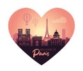 Stylized heart-shaped landscape of Paris with Eiffel tower, arc de Triomphe and Notre Dame Cathedral