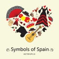 Stylized heart with symbols of Spain. Illustration for use in design
