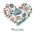 Stylized heart with symbols of tourism, camping