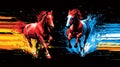 Stylized horses, colored respectively in pink and blue, are galloping towards each other on a gradient orange background Royalty Free Stock Photo