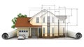 A stylized house model with floor plan, ruler and pencil