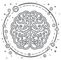 Stylized human brain illustration with cosmic elements and circular border Royalty Free Stock Photo