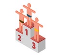 Stylized human figures on podium. Business graph, financial or personality progress, success