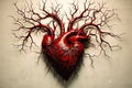 Stylized human human heart with veins, arteries and blood vessels on beige background. Medical neuron cardiovascular