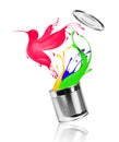 Stylized hummingbird flies out of a can with colorful paint Royalty Free Stock Photo