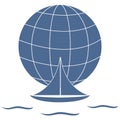 Stylized icon of a colored yacht, sailing over the waves on a globe Royalty Free Stock Photo