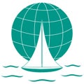 Stylized icon of a colored yacht, sailing over the waves on a globe Royalty Free Stock Photo