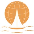 Stylized icon of a colored yacht, sailing over the waves on a globe Royalty Free Stock Photo