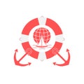 Stylized icon of a colored yacht, sailing over the waves on a globe in lifebuoy with two anchors Royalty Free Stock Photo