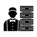 Stylized icon of a person in a uniform standing next to a stack of server racks data center IT professional Royalty Free Stock Photo