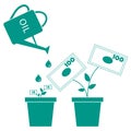 Stylized icon of the watering can pours fuel potted money trees Royalty Free Stock Photo