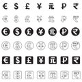 Stylized icons of various currencies