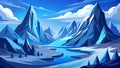 Stylized icy mountain landscape with sharp angular peaks and flowing river Royalty Free Stock Photo