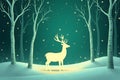 illuminated Stylized deer standing among white trees under snow in green toned winter design Royalty Free Stock Photo