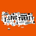 Stylized illustrated map of Turkey. Vector design in handdrawn style. I love Turkey. Royalty Free Stock Photo