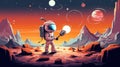 Stylized illustration of astronaut with futuristic tool on alien planet, with vivid planets and moons in background