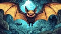 Adorable Flying Bat Emerging from Cave, Fantasy Illustration Royalty Free Stock Photo