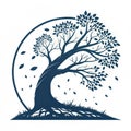 Stylized illustration of a bent tree with falling leaves, representing natural beauty, life cycles, and environmental connection Royalty Free Stock Photo