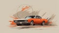 A stylized illustration of a classic American muscle car in vibrant orange color, with dynamic brush strokes and splatters forming Royalty Free Stock Photo