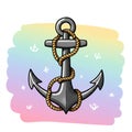 A stylized illustration of a dark gray anchor wrapped with a thick, twisted brown rope. It Royalty Free Stock Photo