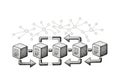 Stylized illustration depicting a blockchain network. Five interconnected cubes symbolize blocks, Royalty Free Stock Photo