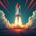 Stylized illustration displays spaceship launch into space. Rocket soars above clouds with bright engines. Graphic art evokes pop Royalty Free Stock Photo