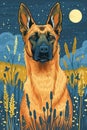 Majestic Belgian Malinois Dog in Night Field, Under the Moon Royalty Free Stock Photo