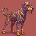 Stylized illustration of a dog with a patchwork of geometric patterns and vivid colors Royalty Free Stock Photo