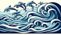 Stylized illustration of dolphins jumping over waves