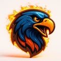 Stylized eagle head illustration with blue and orange feathers surrounded by fiery orange Royalty Free Stock Photo