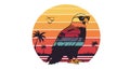 Stylized illustration of an eagle wearing sunglasses set against a circular, sunset- Royalty Free Stock Photo
