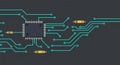 A stylized illustration of an electronic circuit featuring a central microchip connected Royalty Free Stock Photo