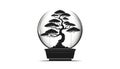 A stylized illustration features a black bonsai tree inside a circu Royalty Free Stock Photo